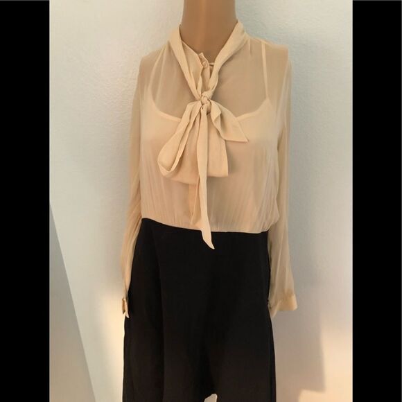 SZ12 DKNY  Silk Tie Neck Color Block Dress (Ivory/Black) - Picture 2 of 13